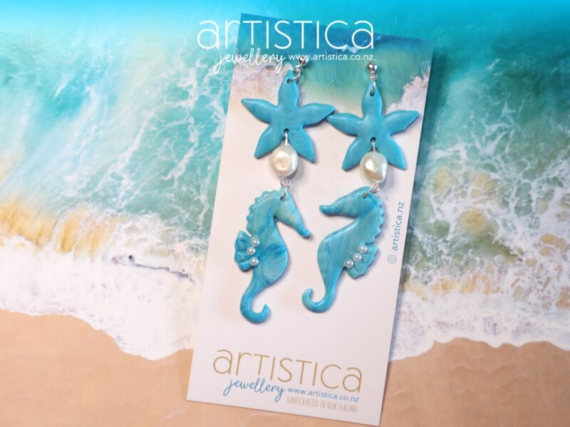 Seahorse earrings with pearls polymer clay handcrafted