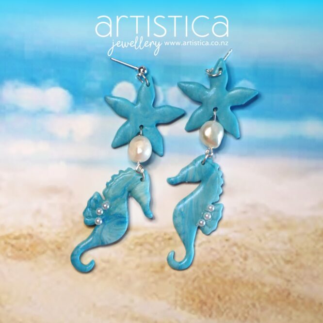 Seahorse earrings with pearls polymer clay handcrafted