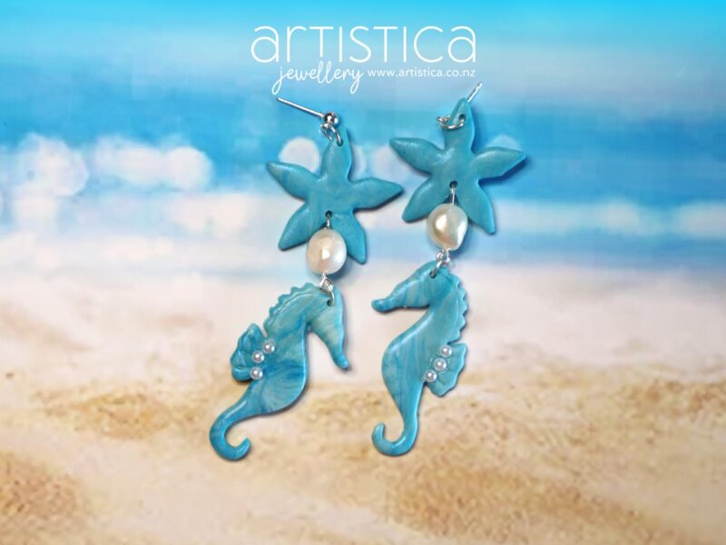 Seahorse earrings with pearls polymer clay handcrafted