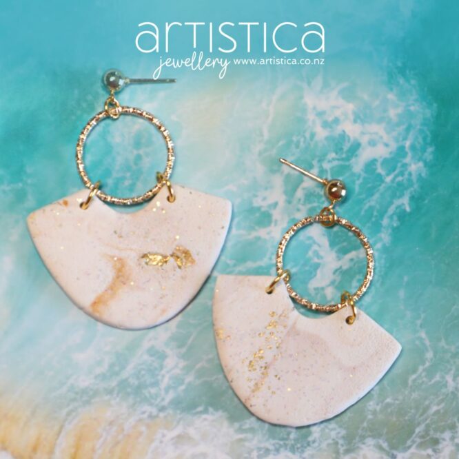 polymer clay earrings handcrafted in New Zealand by Artistica inca white gold