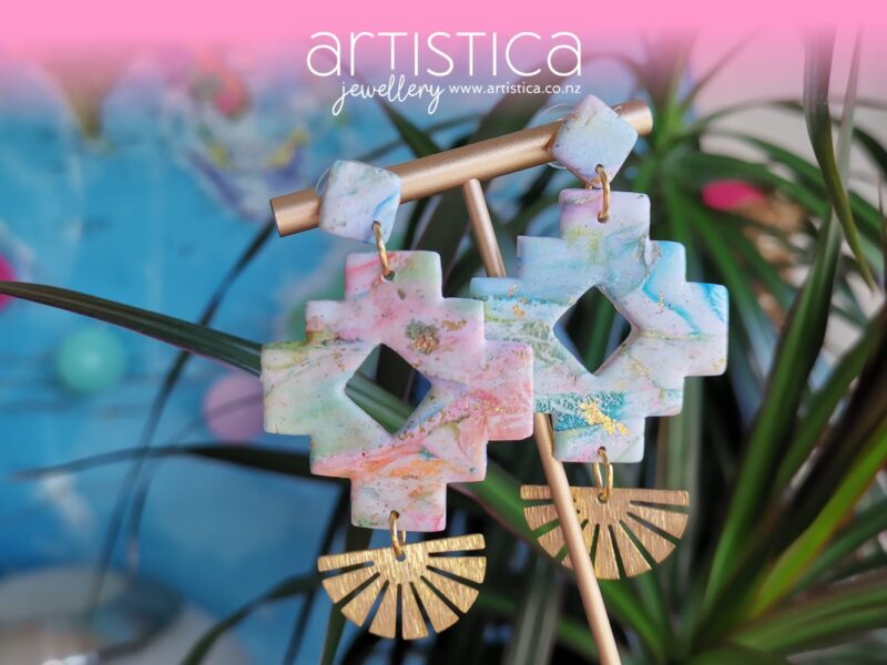 Tribal aztec earrings polymer clay handcrafted by Artistica NZ