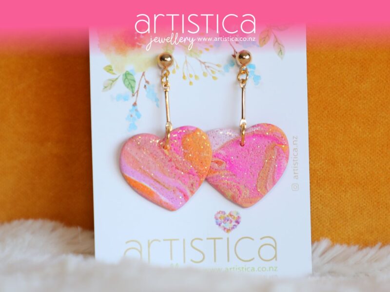 polymer clay earrings handcrafted in New Zealand by Artistica pink golden heart