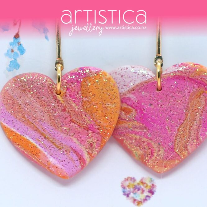 polymer clay earrings handcrafted in New Zealand by Artistica pink hearts