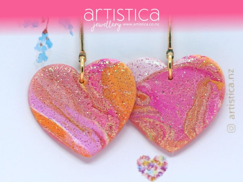 polymer clay earrings handcrafted in New Zealand by Artistica pink hearts