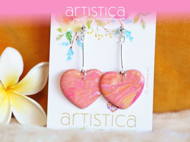 polymer clay earrings handcrafted in New Zealand by Artistica shimmering heart