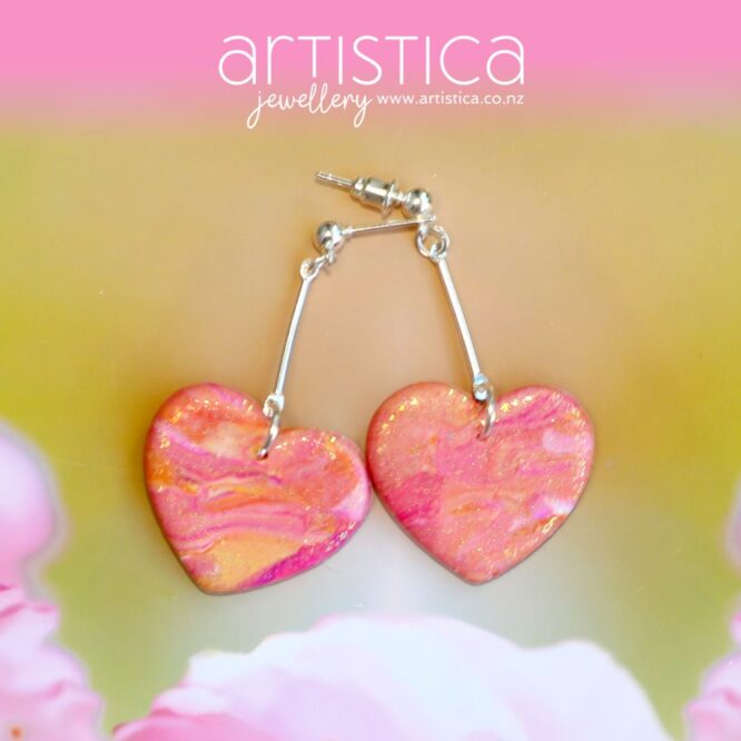 polymer clay earrings handcrafted in New Zealand by Artistica orange pink heart