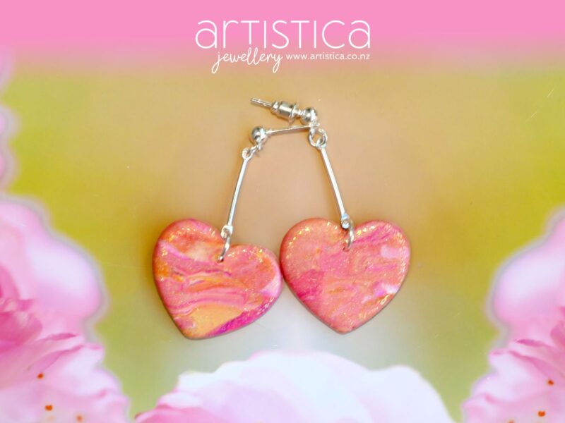 polymer clay earrings handcrafted in New Zealand by Artistica orange pink heart