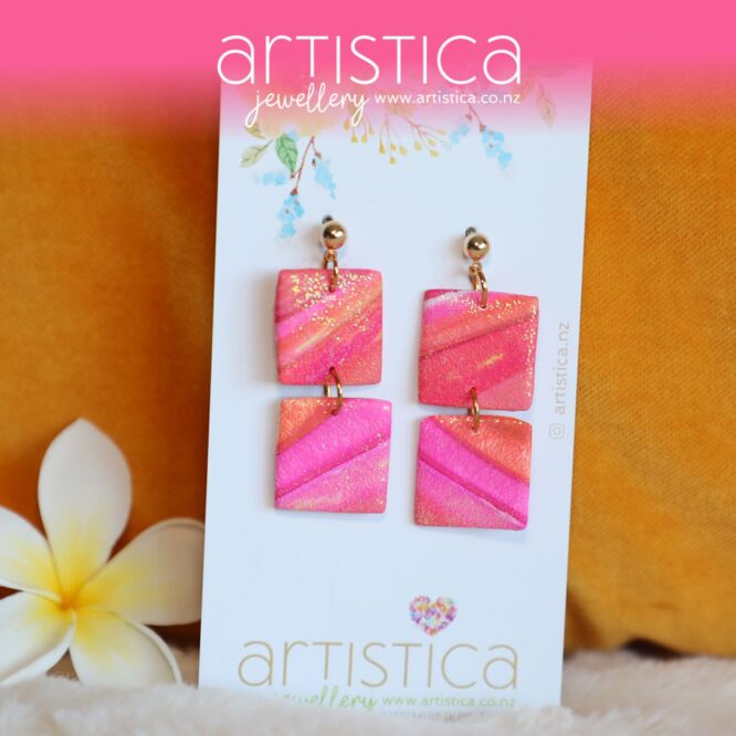 polymer clay earrings handcrafted in New Zealand by Artistica ping fuchsia orange