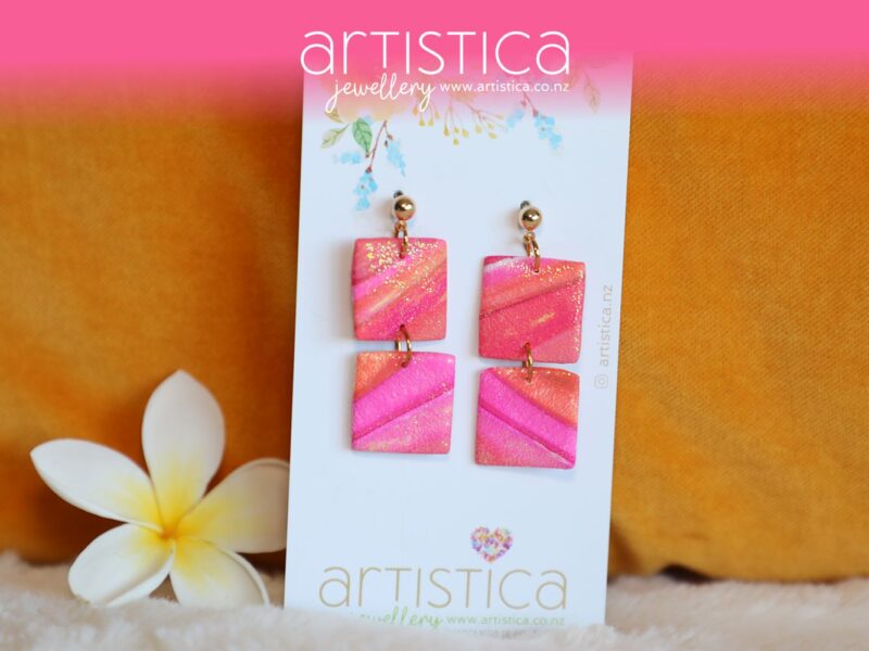 polymer clay earrings handcrafted in New Zealand by Artistica ping fuchsia orange