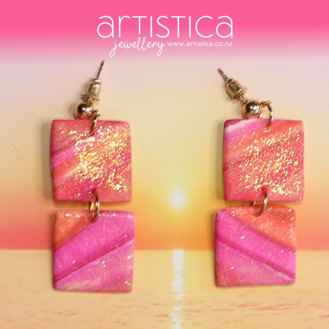 polymer clay earrings handcrafted in New Zealand by Artistica pink squares