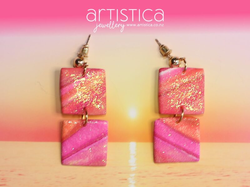 polymer clay earrings handcrafted in New Zealand by Artistica pink squares