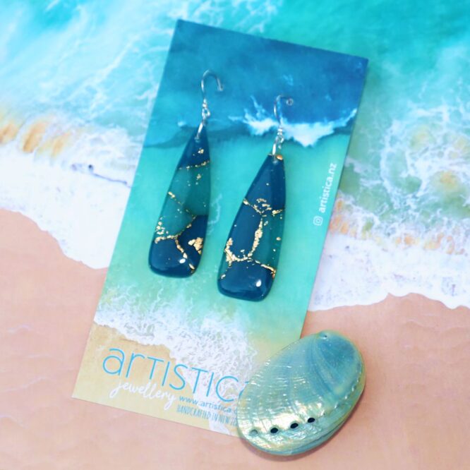 Ocean Treasure turquoise blue polymer clay earring dagger shape handcrafted in New Zealand by Artistica