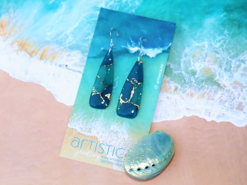 Ocean Treasure turquoise blue polymer clay earring dagger shape handcrafted in New Zealand by Artistica