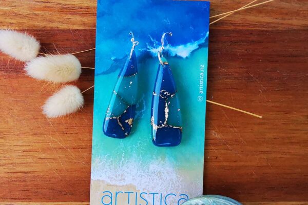 Ocean Treasure turquoise blue polymer clay earring dagger shape handcrafted in New Zealand by Artistica