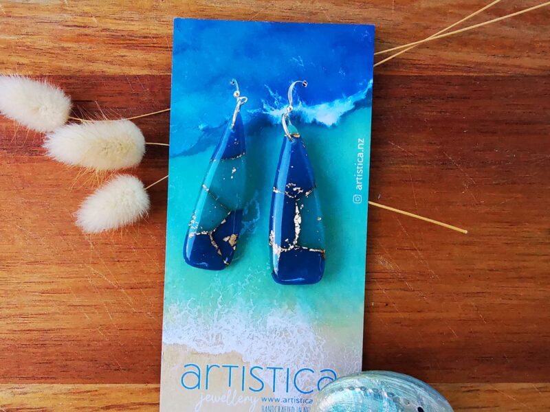 Ocean Treasure turquoise blue polymer clay earring dagger shape handcrafted in New Zealand by Artistica