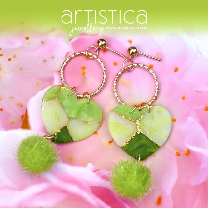 artistica polymer clay drop earrings green heart shaped emerald