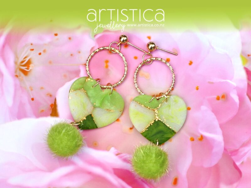 artistica polymer clay drop earrings green heart shaped emerald