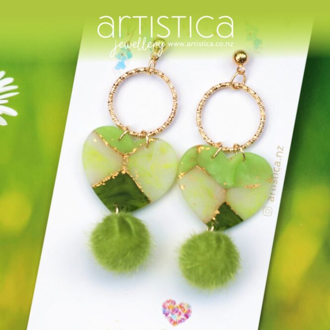 artistica polymer clay drop earrings green heart shaped emerald