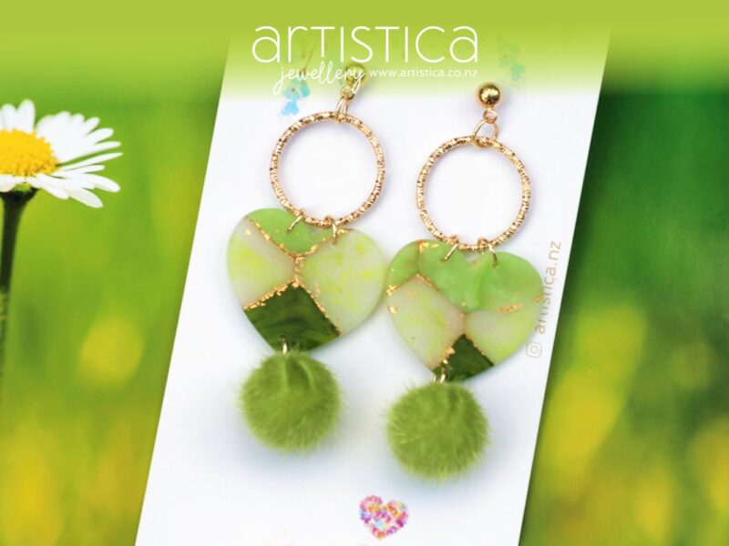artistica polymer clay drop earrings green heart shaped emerald