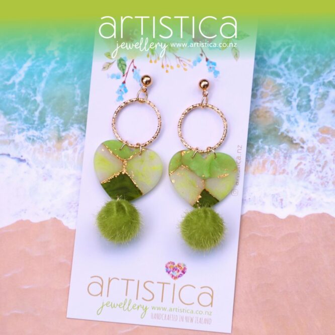 artistica polymer clay drop earrings green heart shaped emeraldvv