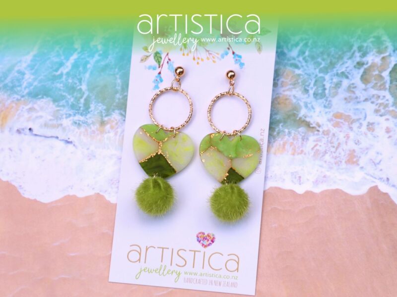 artistica polymer clay drop earrings green heart shaped emeraldvv