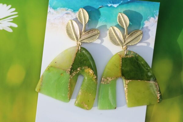 artistica polymer clay drop earrings green arch shaped emerald