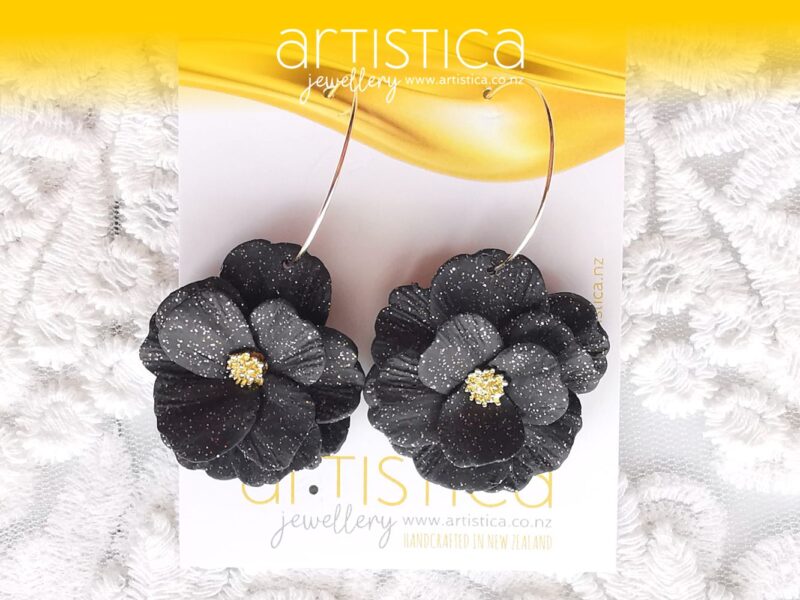 black flower hoops earrings