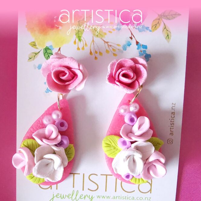 Pink earrings roses flowers