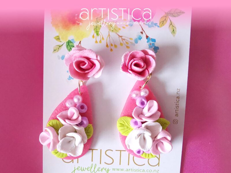 Pink earrings roses flowers